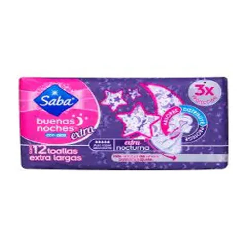 Toallas Sanitarias Saba Noche Alas Extra Larga 12 Piezas
