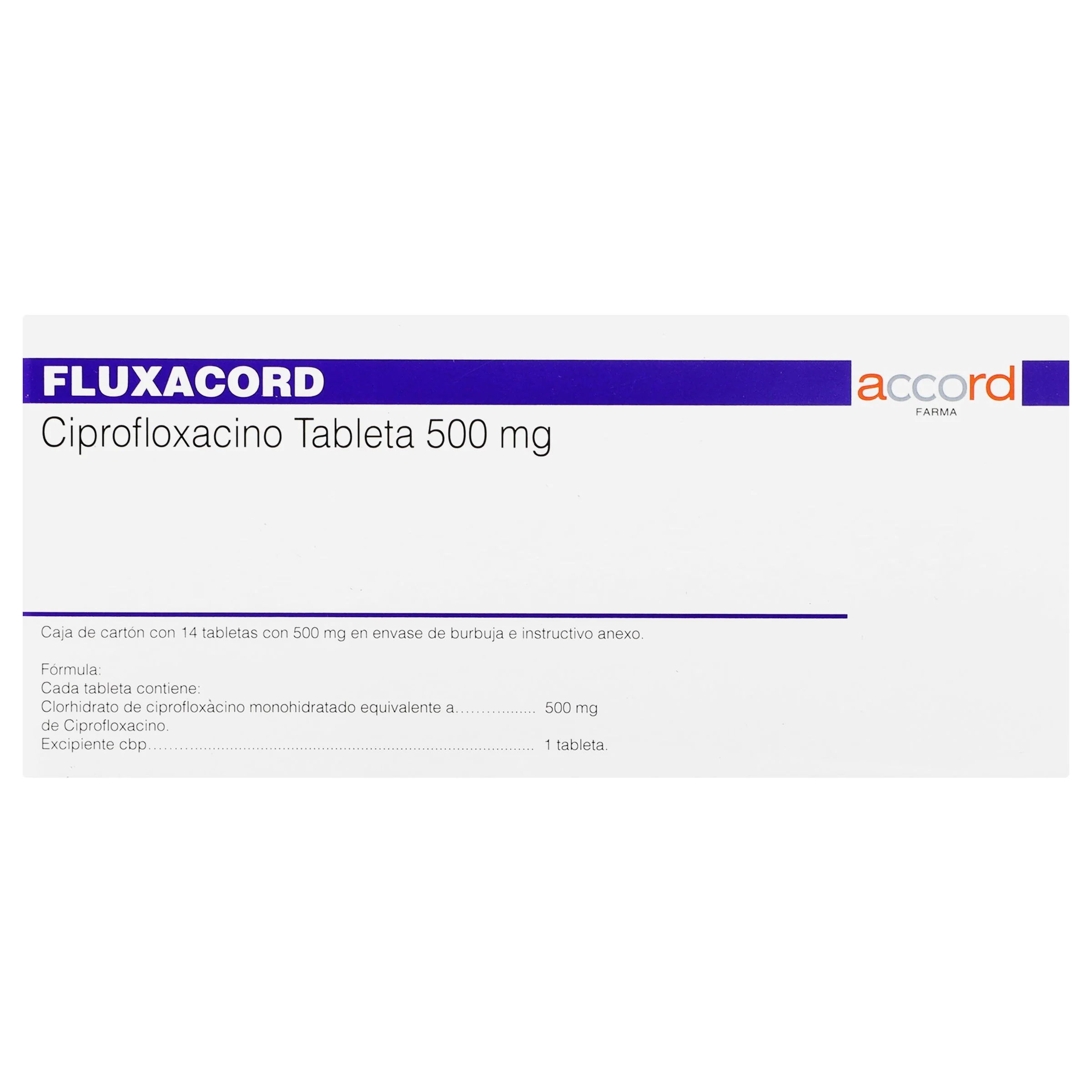 Fluxacord (Ciprofloxacino) 500 Miligramos C/14 Tabletas Dic23-Plvi 5%