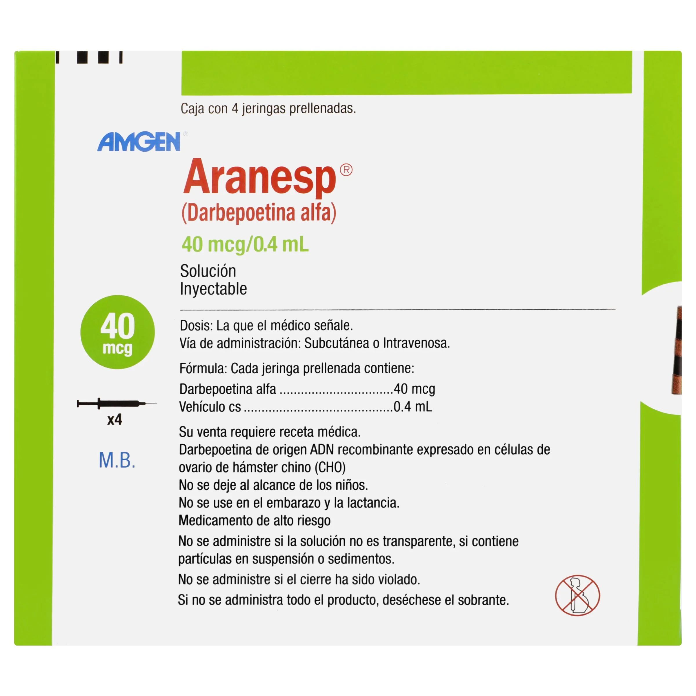 Aranesp 40 Mcg/0.4 Ml Con 4 Jeringas Prellenadas