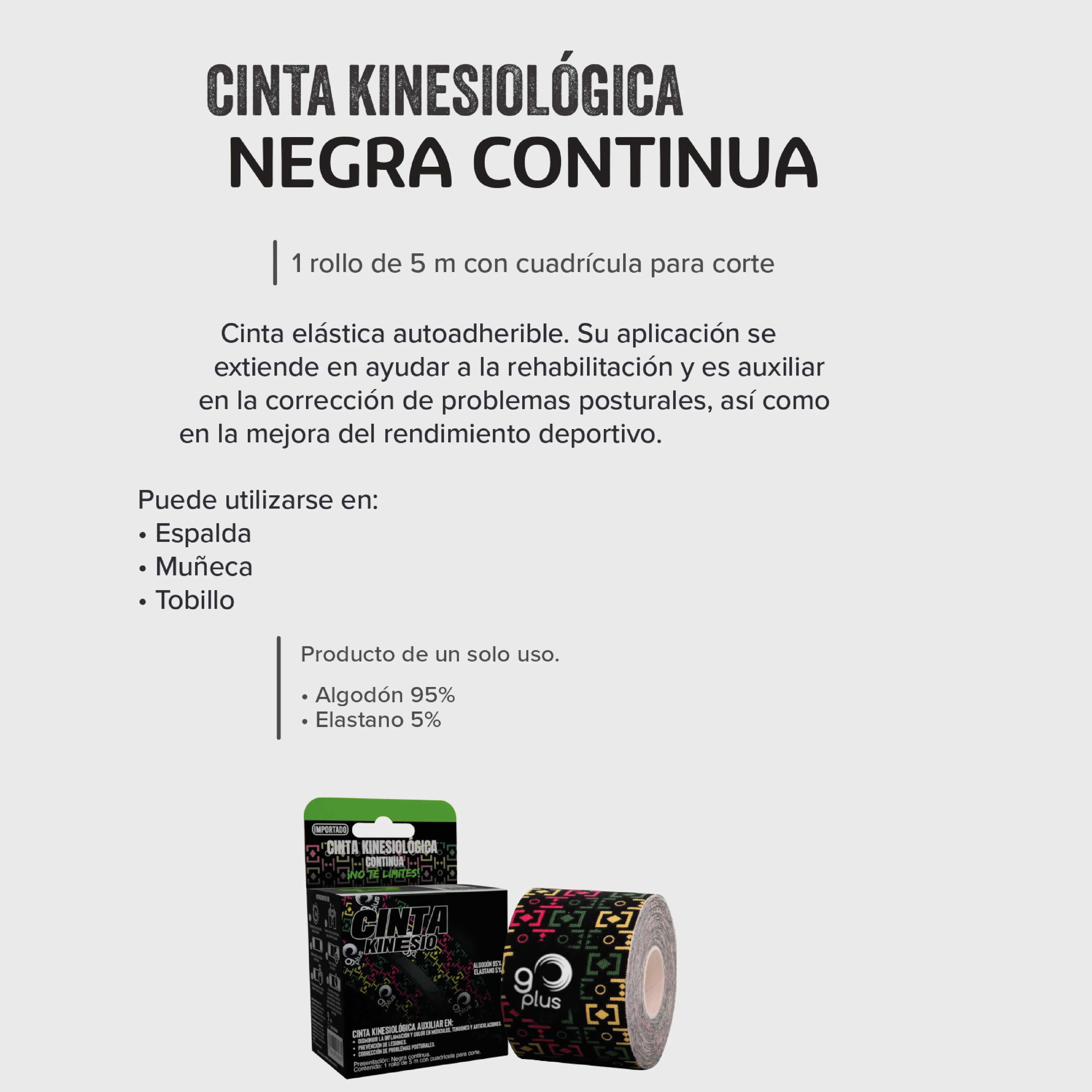 Cinta Kinesiologica Go Plus Negra Rollo 5 Metros - Image 3