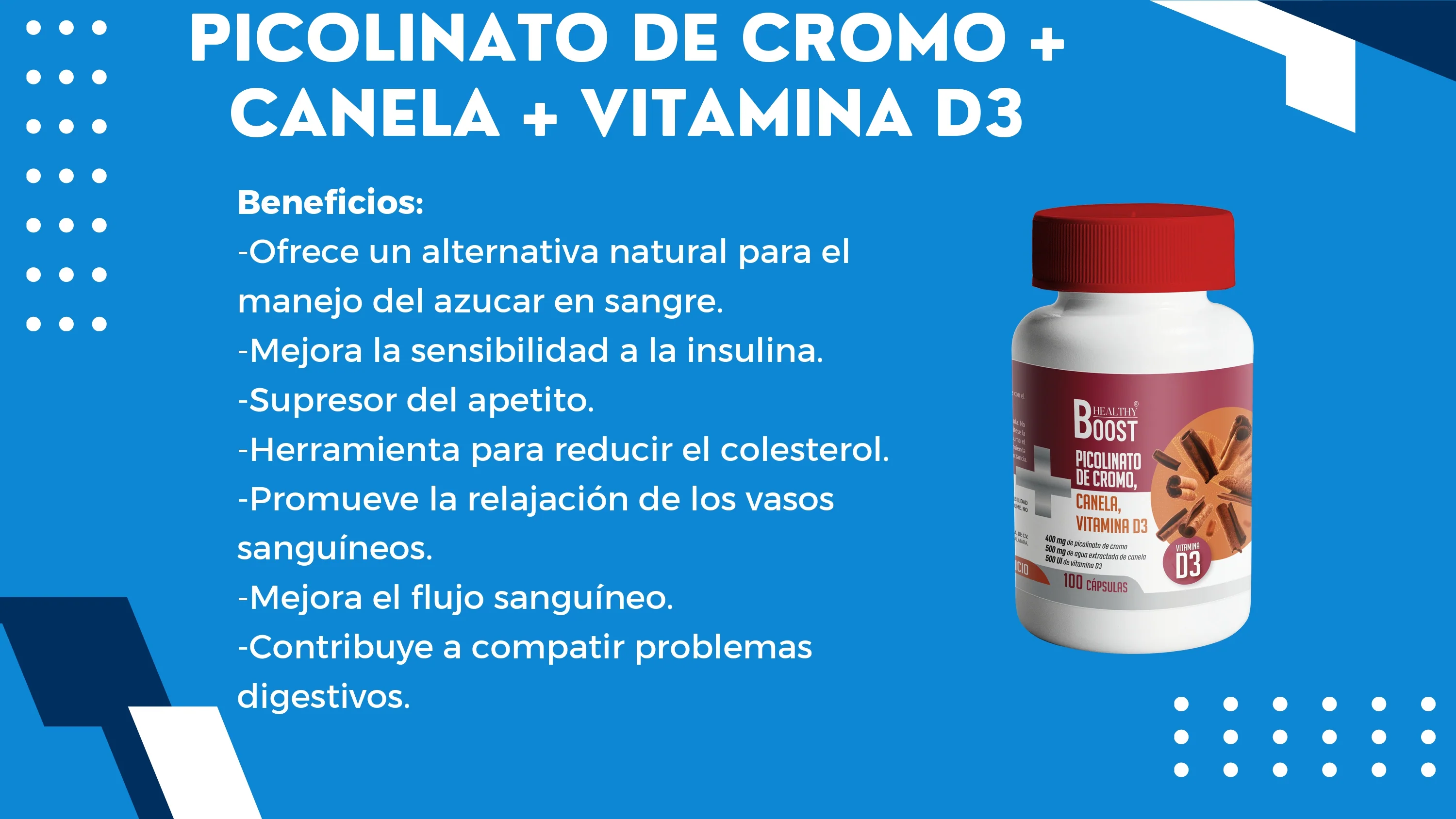Picolinato De Cromo 400 Mcg+Canela+ Vit D3 Con 100 Capsulas Healthy Boost - Image 2