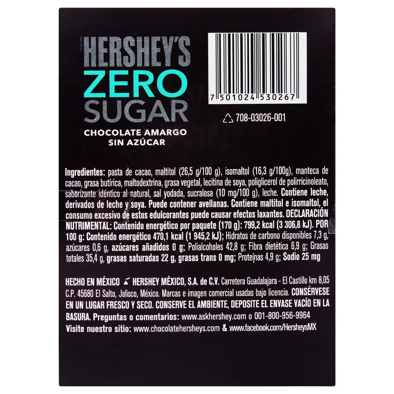 Chocolate Hersheys Zero Azucar Con 10 Barras 17 G