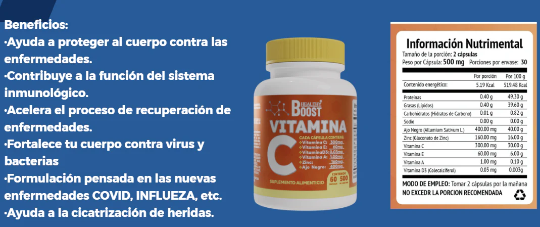 Vitamina C 300 Mg +Vitamina E, A,D3,Zinc Ajo Negro Con 60 Capsulas Healthy Boost - Image 2