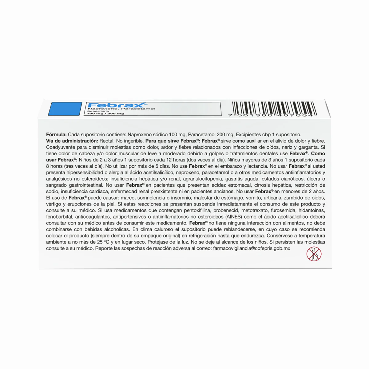 Febrax Niños 100 Mg / 200 Mg - Caja Con 5 Supositorios (Naproxeno Y Paracetamol) - Image 4
